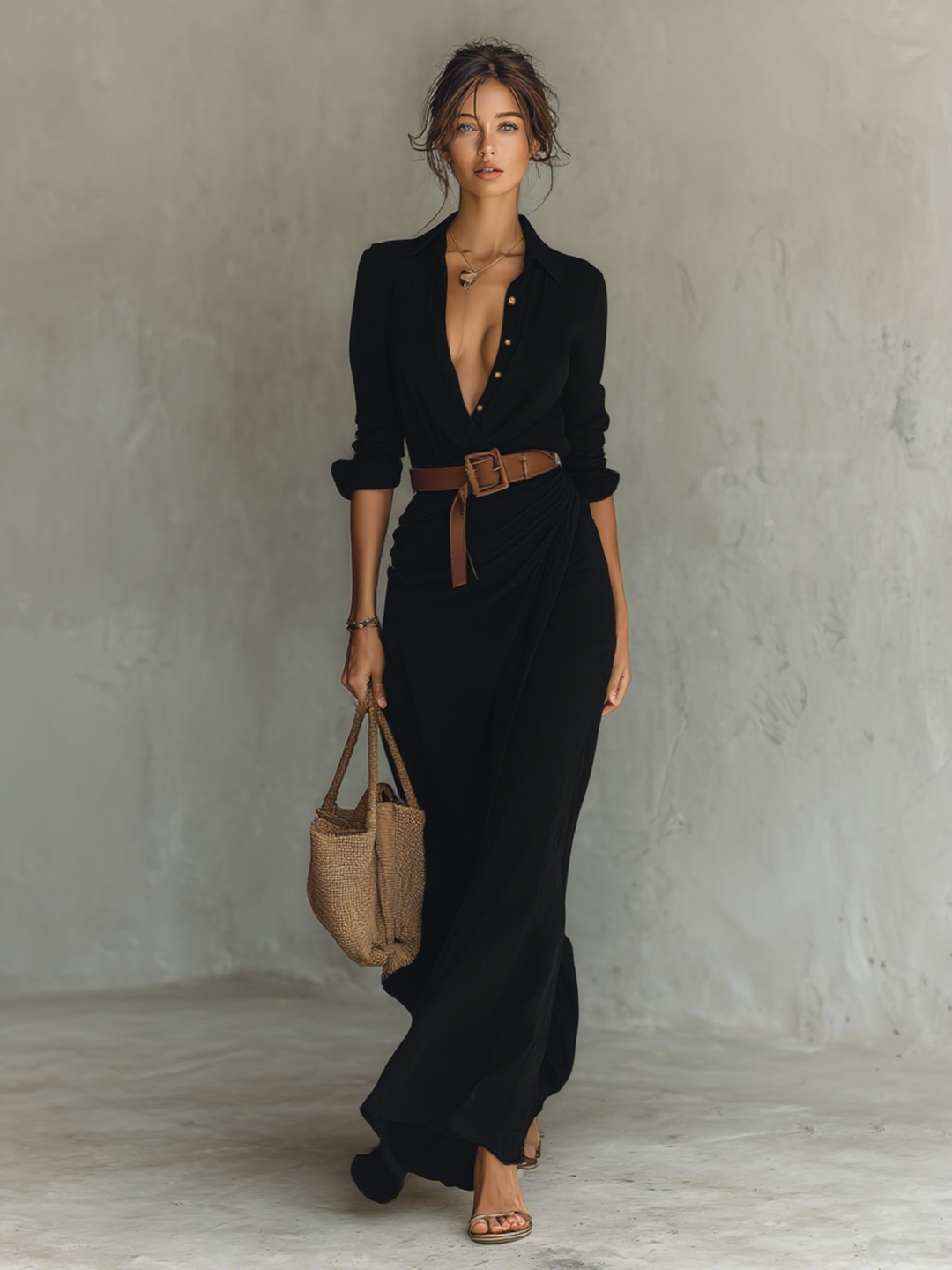 ASHLEY - Lapel Single Breasted Long Sleeve Maxi Dress