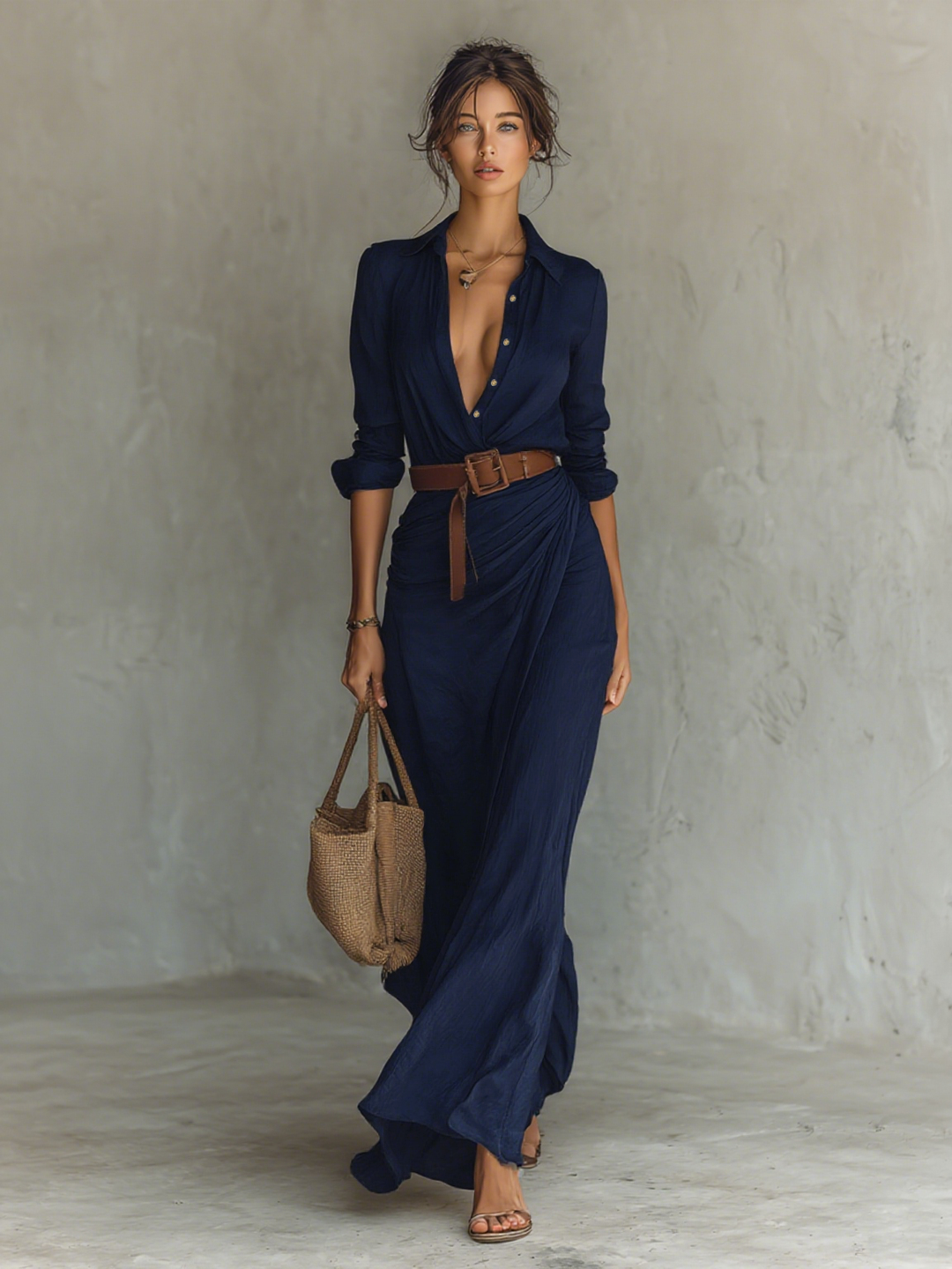 ASHLEY - Lapel Single Breasted Long Sleeve Maxi Dress