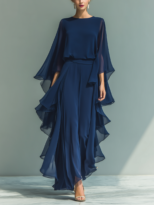 MARIA - Navy Blue Chiffon Top With Flared Sleeves And Straight-leg Trousers Set