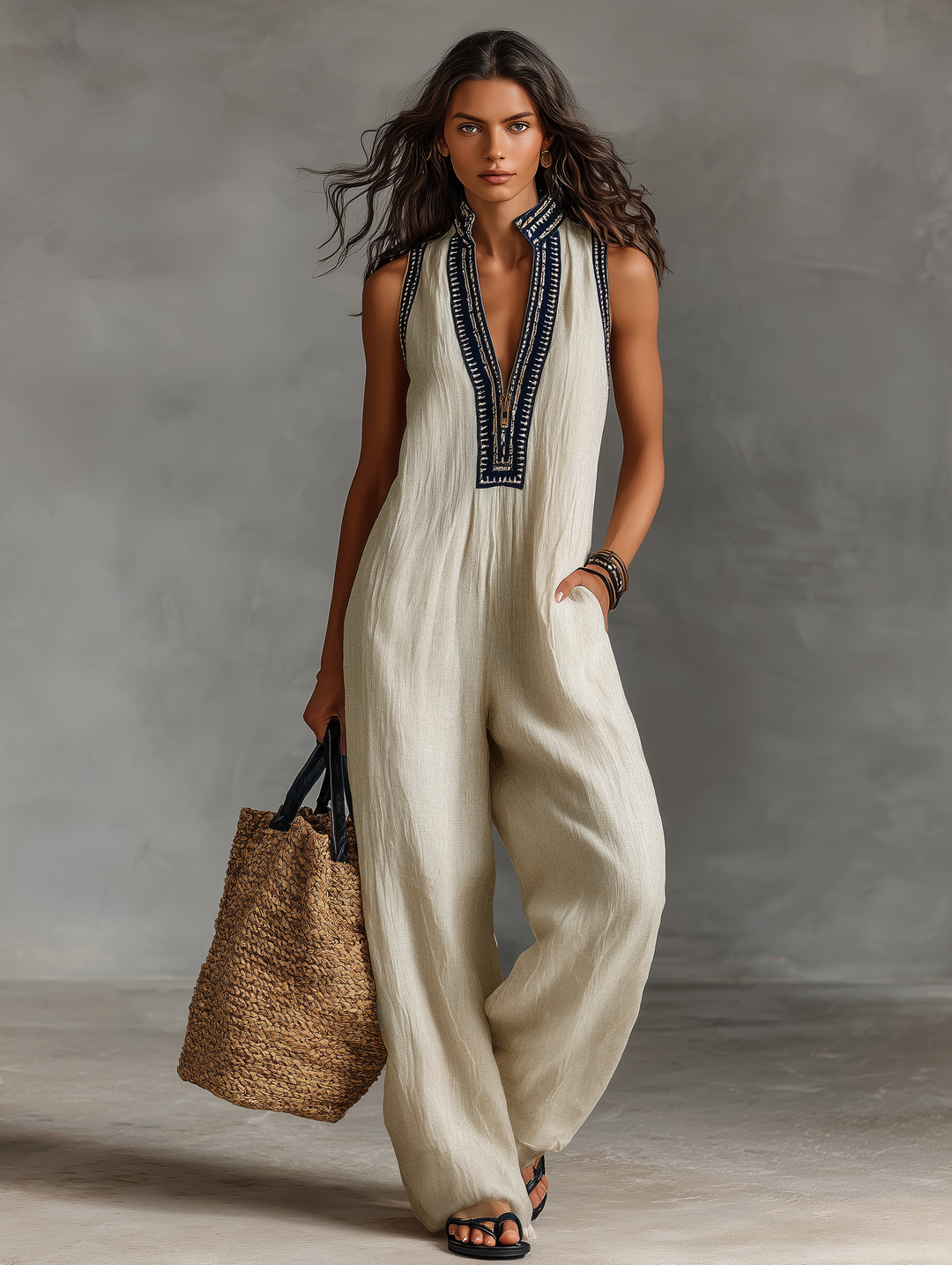 SABINE - Linen Blend Sleeveless Jumpsuit With Zipper