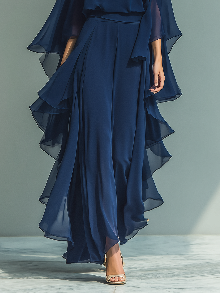 MARIA - Navy Blue Chiffon Top With Flared Sleeves And Straight-leg Trousers Set