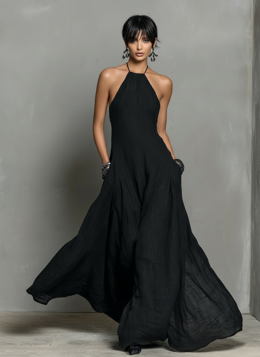 JESSY - Linen Blend Halter Neck Sleeveless Maxi Dress