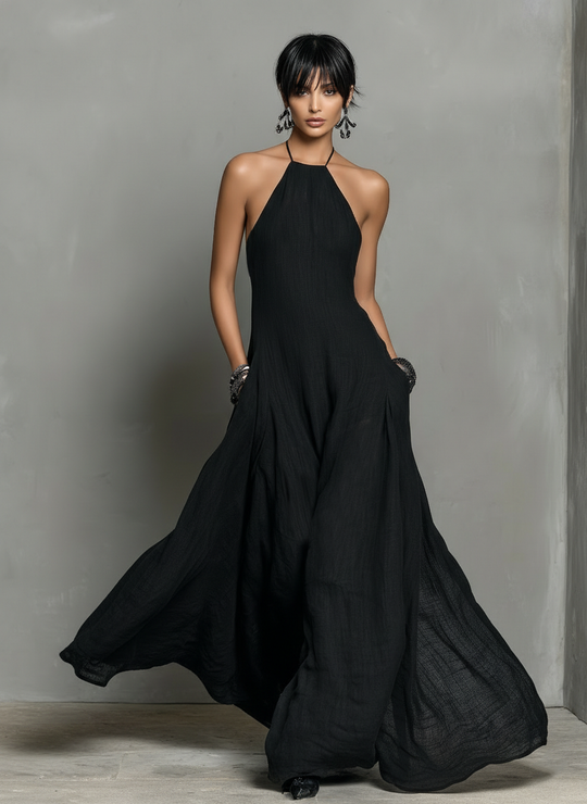 JESSY - Linen Blend Halter Neck Sleeveless Maxi Dress