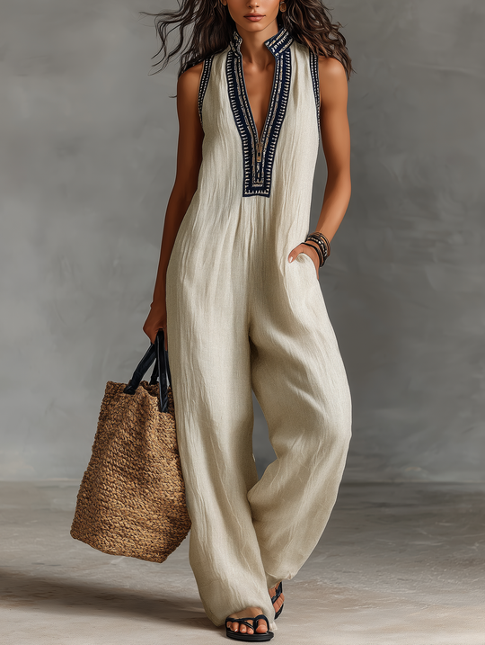 SABINE - Linen Blend Sleeveless Jumpsuit With Zipper