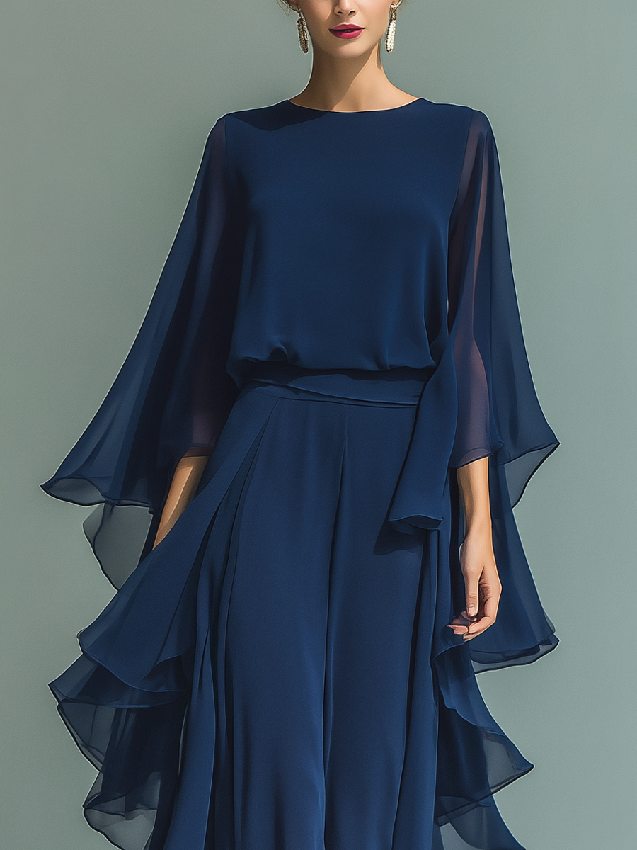 MARIA - Navy Blue Chiffon Top With Flared Sleeves And Straight-leg Trousers Set