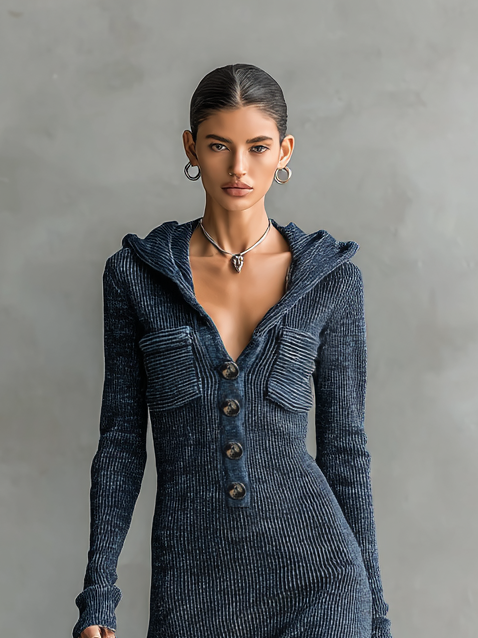 ANNA - Slim-fit Hooded Knitted Maxi Dress