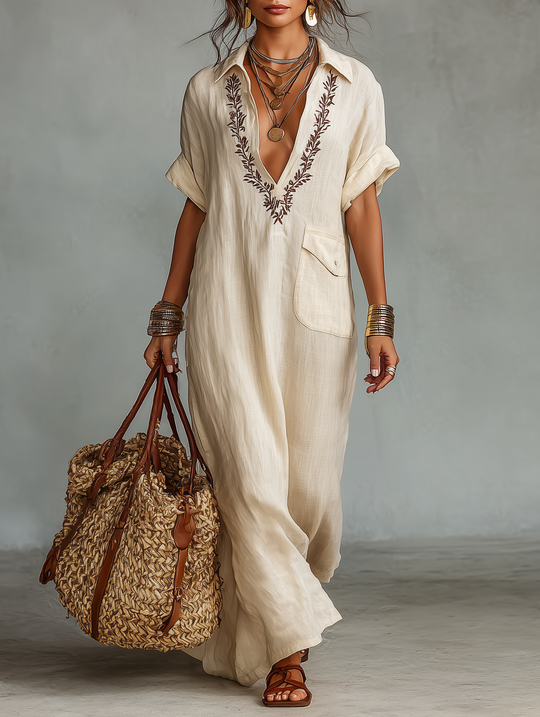 ELSA - Linen Blend Short-sleeved Shirt Maxi Dress
