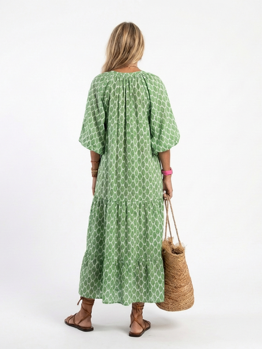 Apolline | Three Quarter Sleeve V Neck Patterned Midi Dress