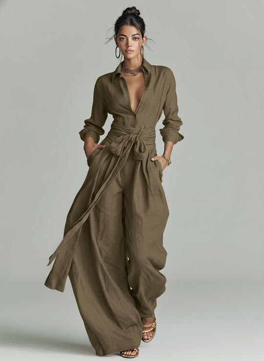 ROSANNA - Elegant Brown Woven Cotton-linen Long-sleeved Shirt