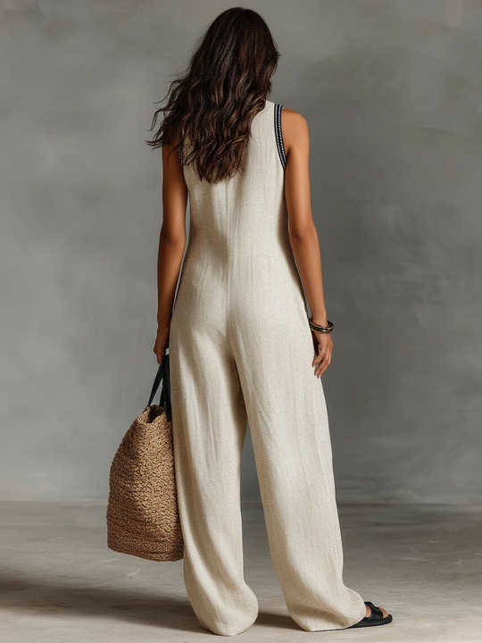 SABINE - Linen Blend Sleeveless Jumpsuit With Zipper