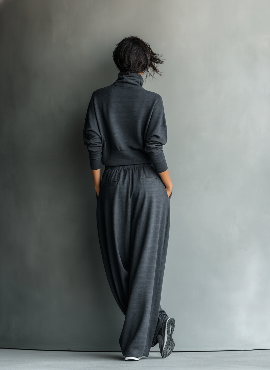NORA - Charcoal Knit Oversized Top & Wide-Leg Pants Set