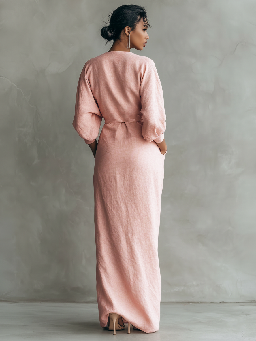 MELISA -  Pink Minimalist V-neck Linen Blend Maxi Dress