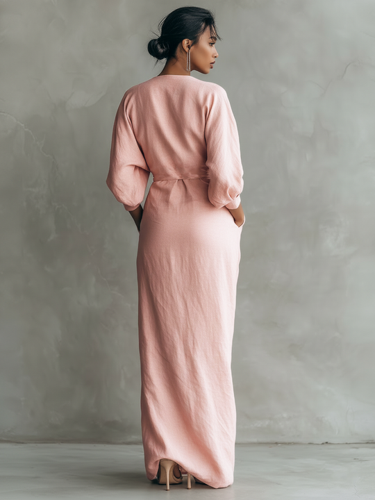 MELISA -  Pink Minimalist V-neck Linen Blend Maxi Dress