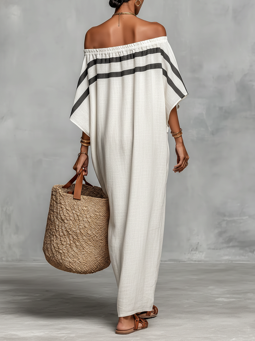 CECILIA - Linen Blend Batwing Sleeve Straight-cut Maxi Dress