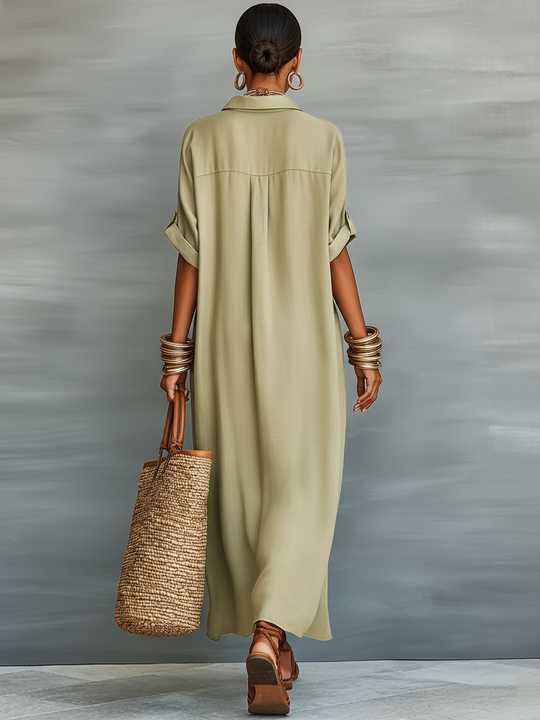 LORETTA - Linen Blend Short-sleeved Shirt Maxi Dress