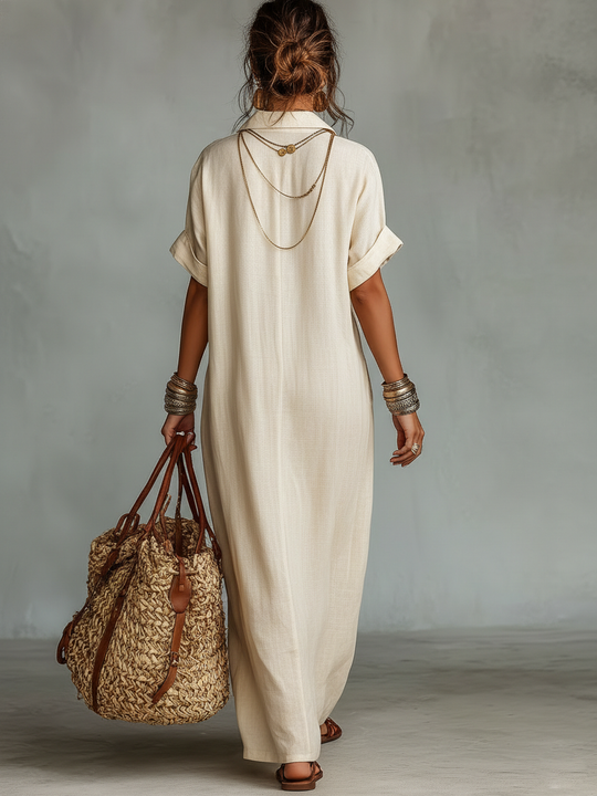 ELSA - Linen Blend Short-sleeved Shirt Maxi Dress