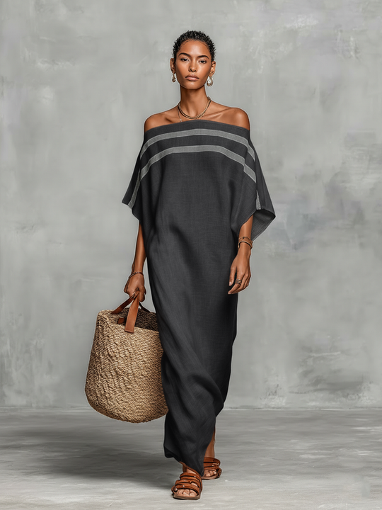 CECILIA - Linen Blend Batwing Sleeve Straight-cut Maxi Dress