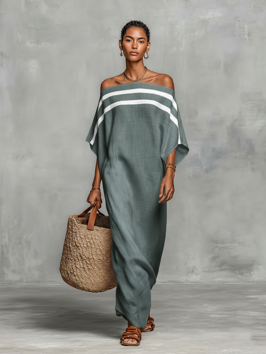 CECILIA - Linen Blend Batwing Sleeve Straight-cut Maxi Dress