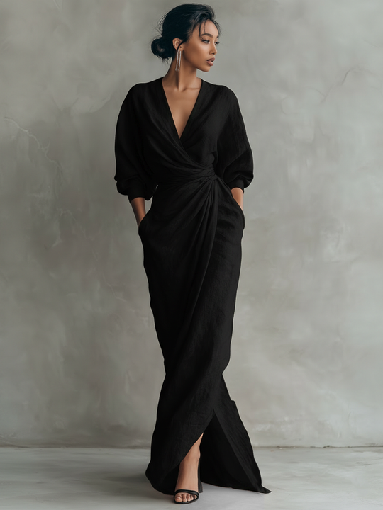 MELISA -  Pink Minimalist V-neck Linen Blend Maxi Dress