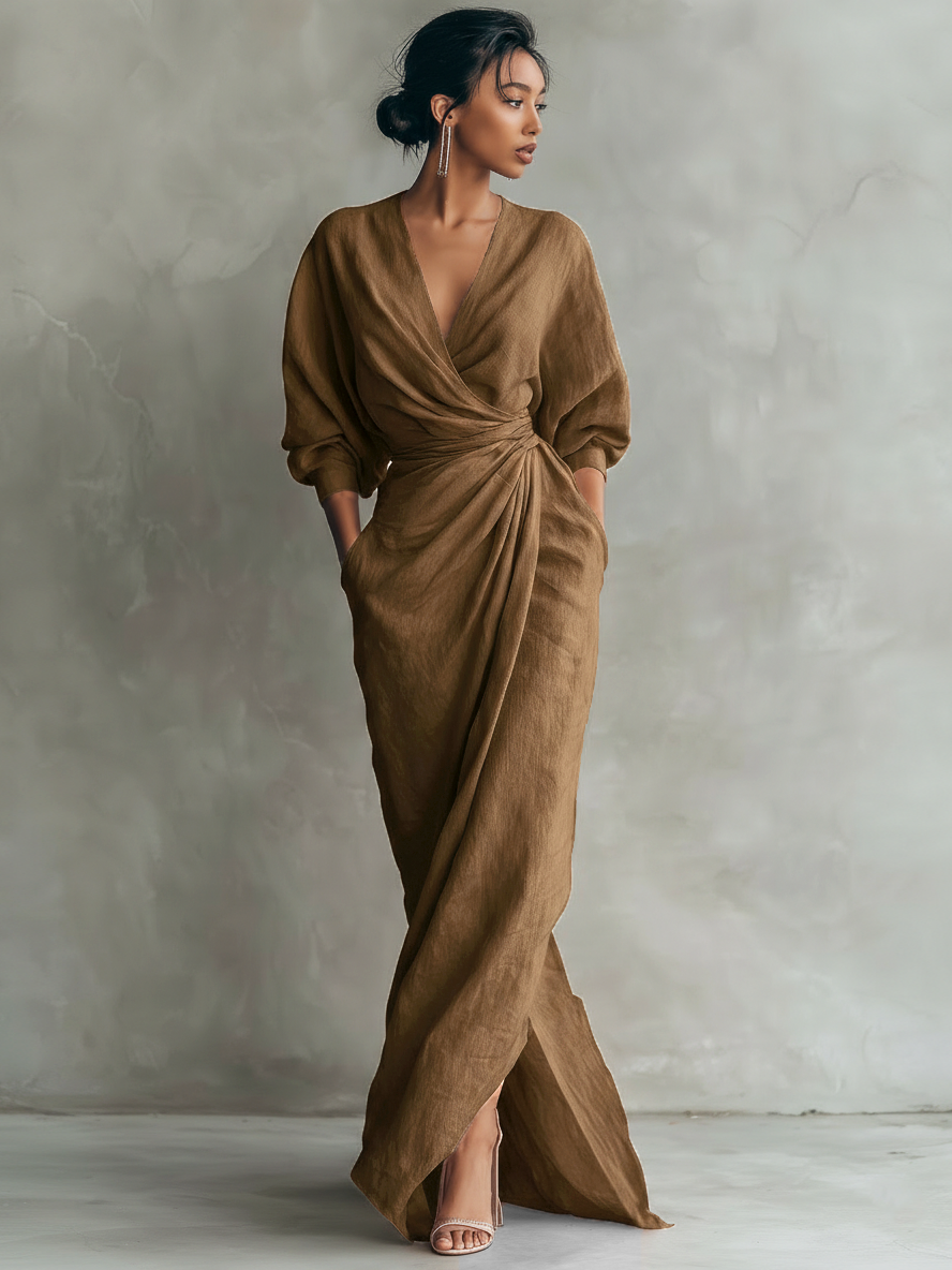 MELISA -  Pink Minimalist V-neck Linen Blend Maxi Dress