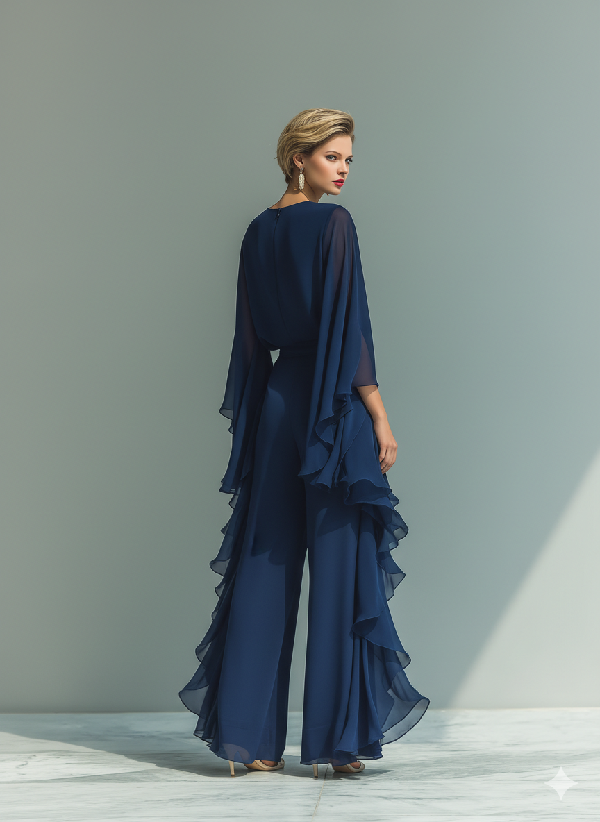 MARIA - Navy Blue Chiffon Top With Flared Sleeves And Straight-leg Trousers Set