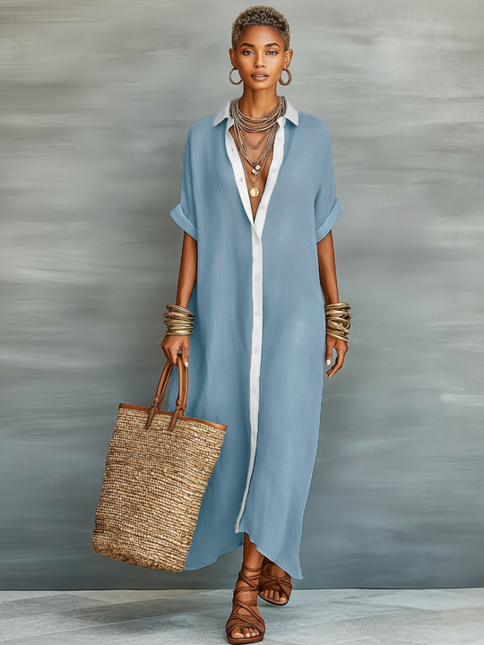 LORETTA - Linen Blend Short-sleeved Shirt Maxi Dress
