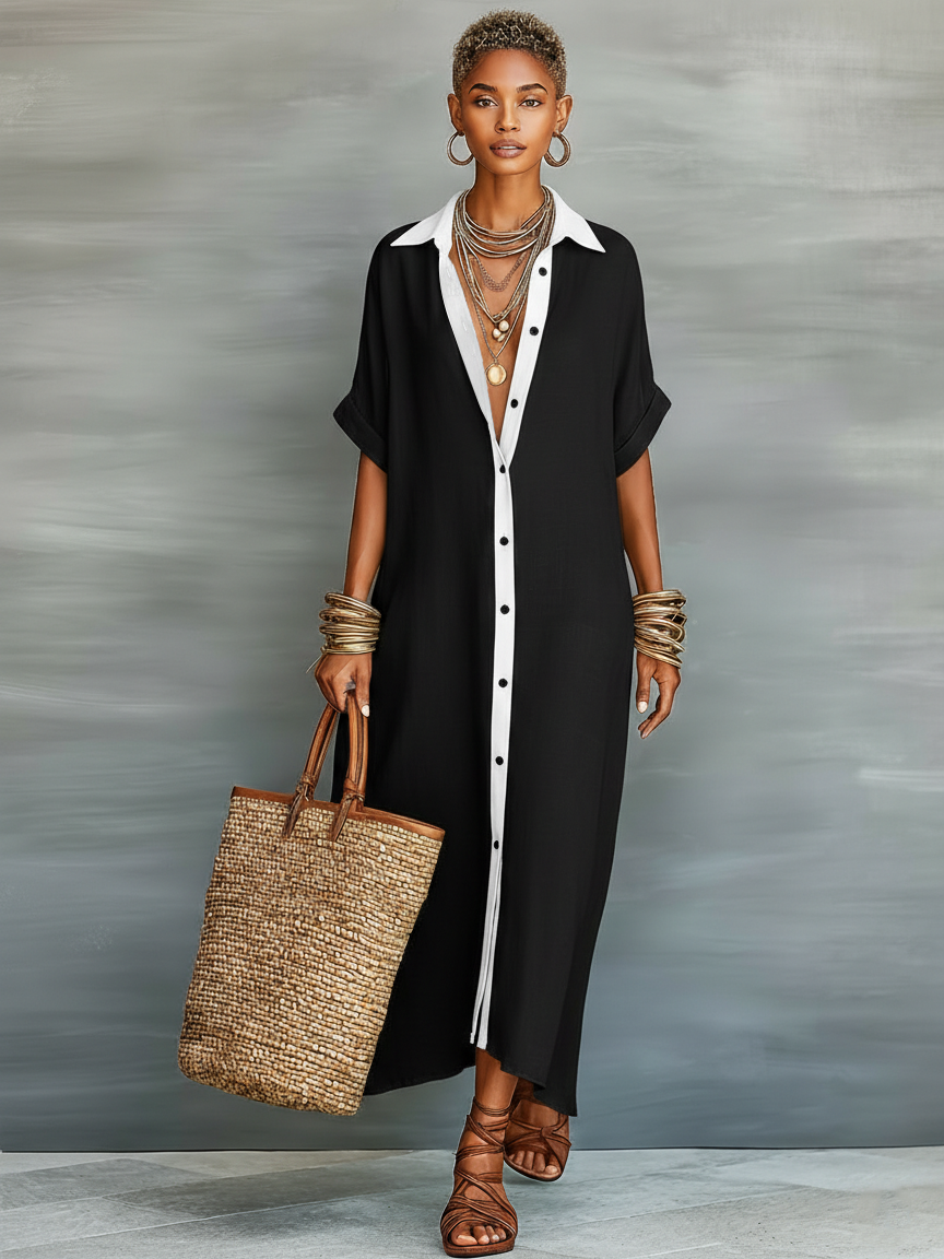 LORETTA - Linen Blend Short-sleeved Shirt Maxi Dress