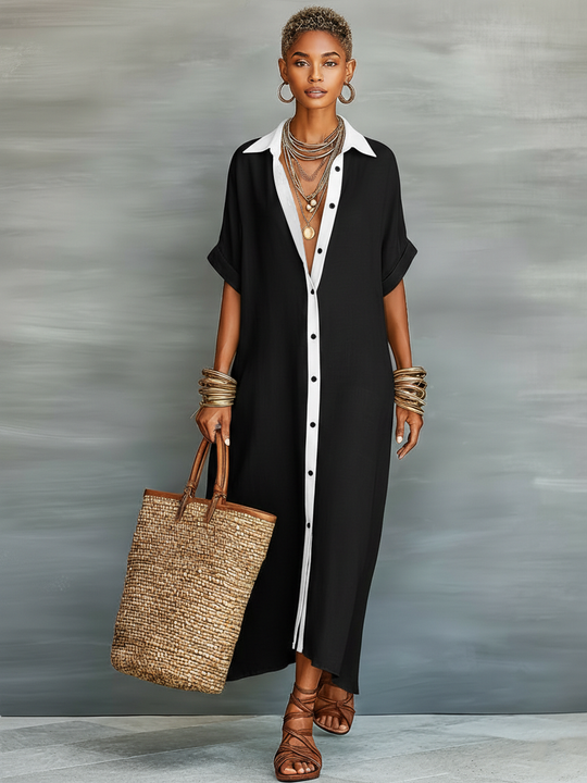 LORETTA - Linen Blend Short-sleeved Shirt Maxi Dress