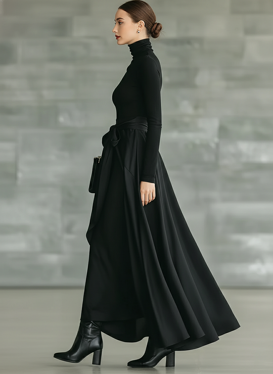 HANNAH - Black High-Neck High-Stretch Knitted  Maxi Dress