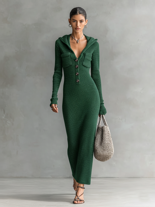 ANNA - Slim-fit Hooded Knitted Maxi Dress