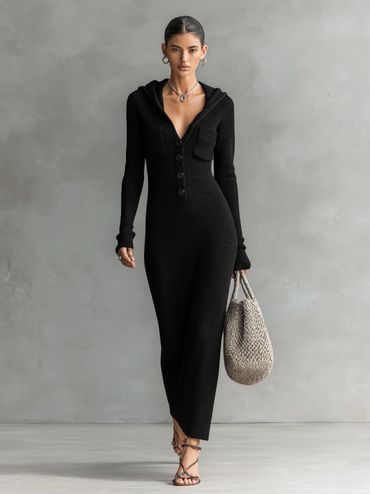 ANNA - Slim-fit Hooded Knitted Maxi Dress
