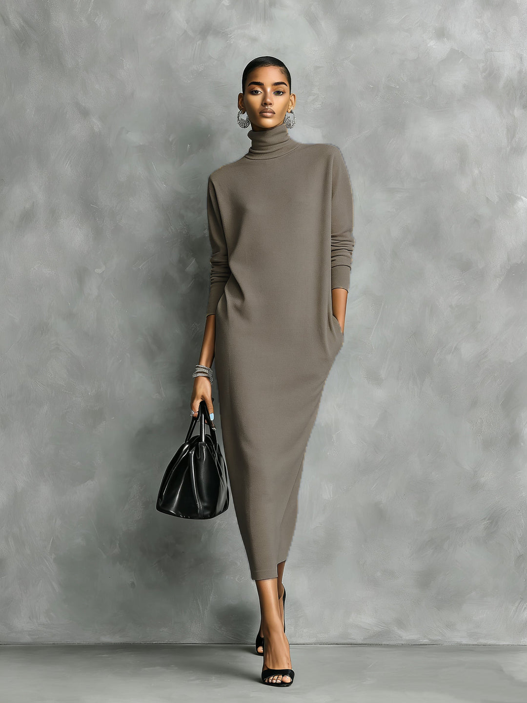KAYLA - Elegant Black Knitted Long-sleeved Midi Dress
