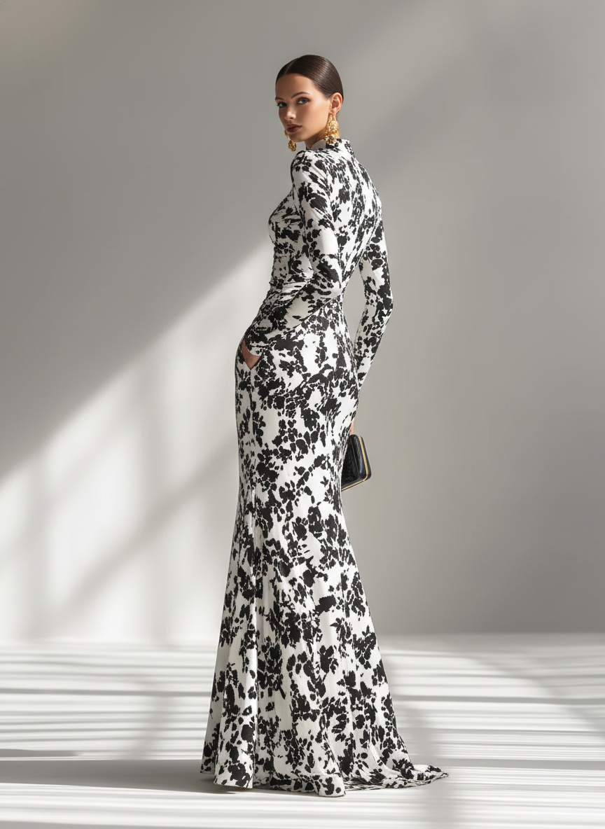 EMMA - Black And White Patterned Stretch Dress