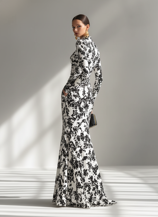 EMMA - Black And White Patterned Stretch Dress