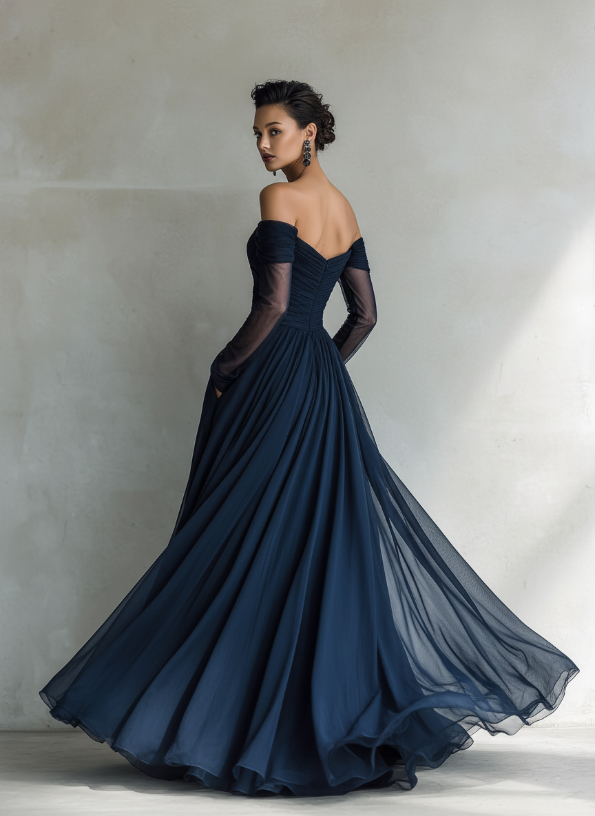 LYSSA - Elegant Dark Blue Chiffon Organza  Maxi Dress