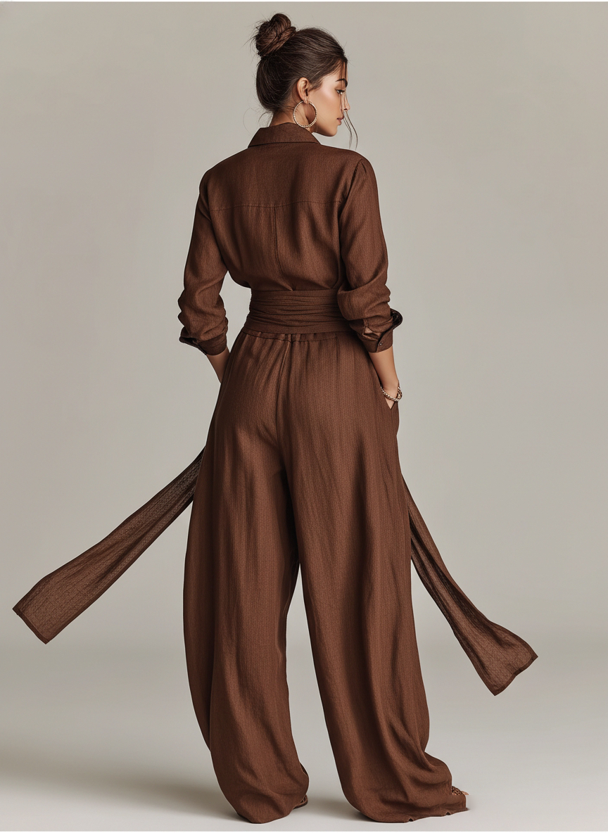 ROSANNA - Elegant Brown Woven Cotton-linen Long-sleeved Shirt