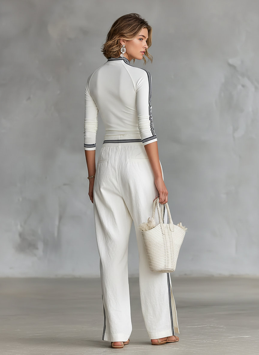 ISA - Long-sleeved T-shirt Drawstring Wide-leg Pants Two-piece Set