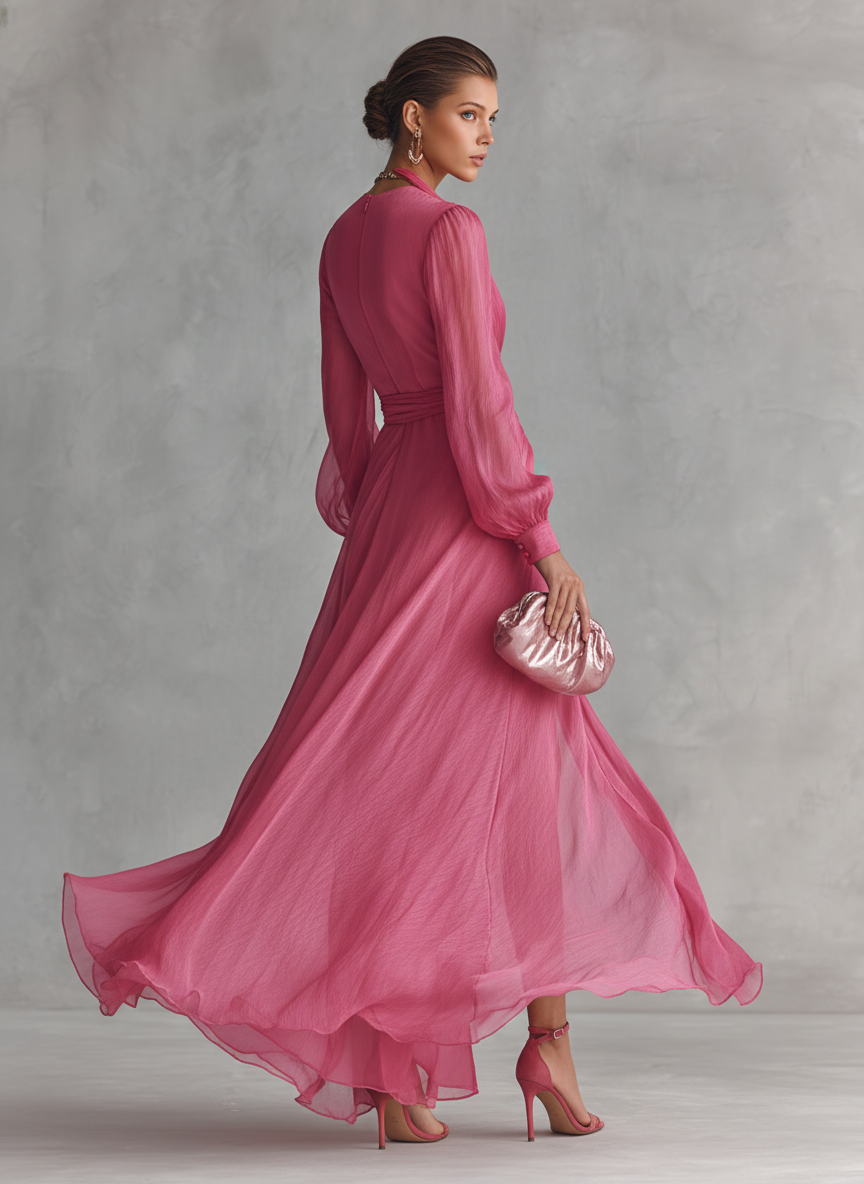 NEYLA - Elegant Rose Pink Pearl Long Dress
