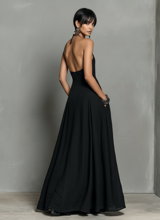 JESSY - Linen Blend Halter Neck Sleeveless Maxi Dress