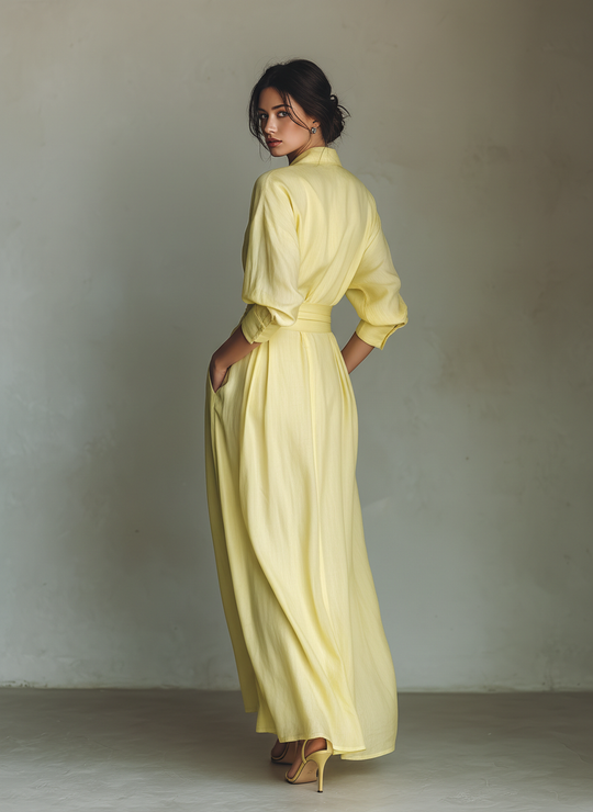 ROSALIE - Lemon Yellow Cotton And Linen Blend Maxi Shirt Dress