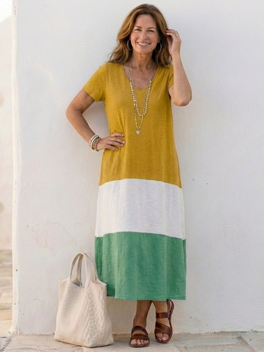 Thalia | Short Sleeve Color Block V Neck Midi Dress