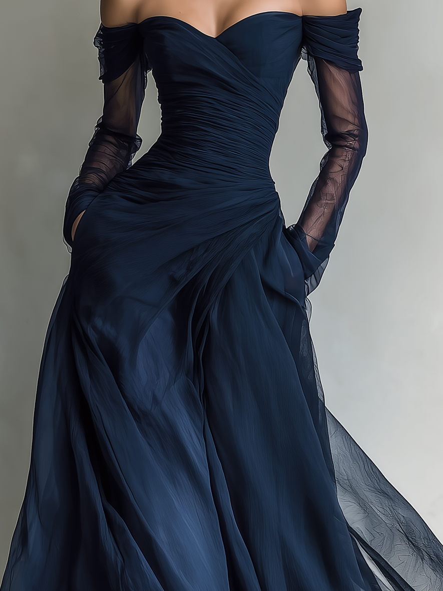 LYSSA - Elegant Dark Blue Chiffon Organza  Maxi Dress