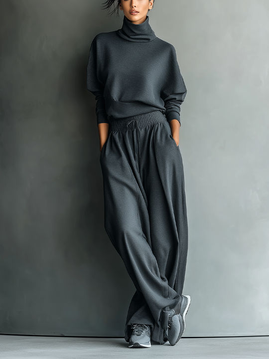 NORA - Charcoal Knit Oversized Top & Wide-Leg Pants Set