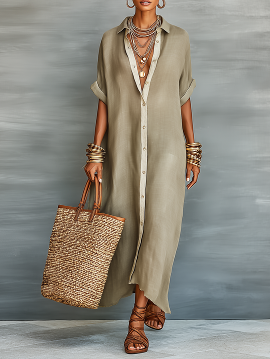 LORETTA - Linen Blend Short-sleeved Shirt Maxi Dress