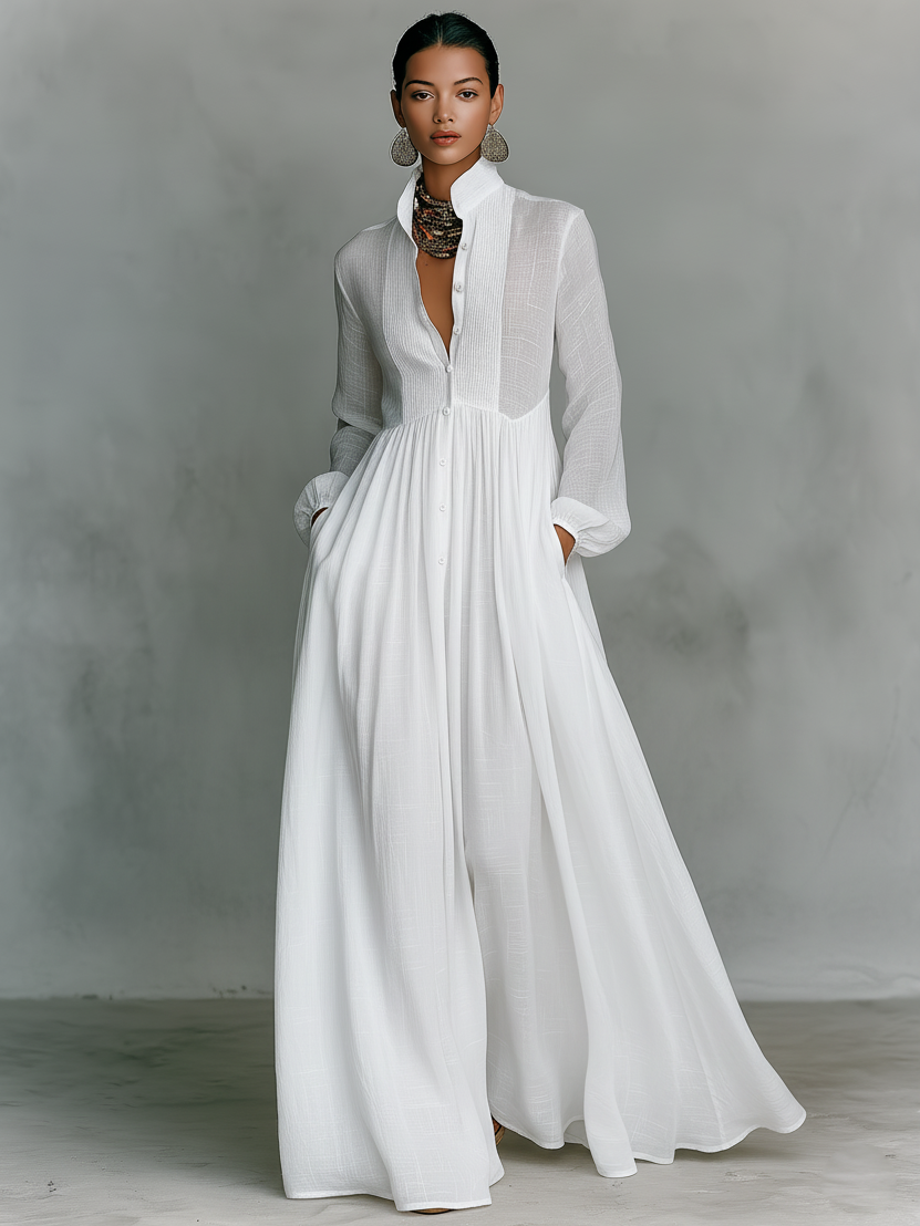 LORENA - Cotton And Linen Patchwork Long-sleeved Maxi Dress