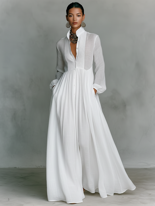LORENA - Cotton And Linen Patchwork Long-sleeved Maxi Dress