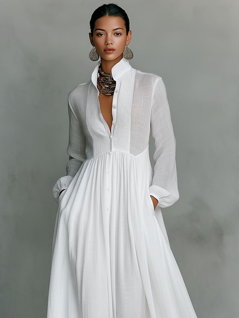 LORENA - Cotton And Linen Patchwork Long-sleeved Maxi Dress