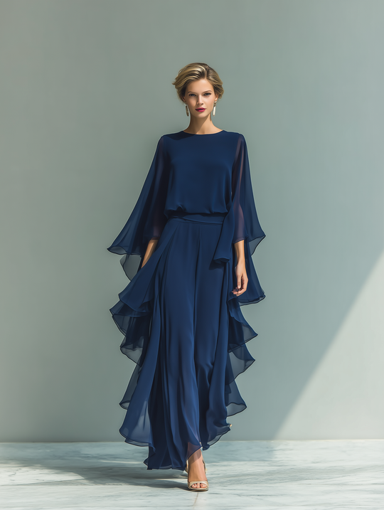 MARIA - Navy Blue Chiffon Top With Flared Sleeves And Straight-leg Trousers Set