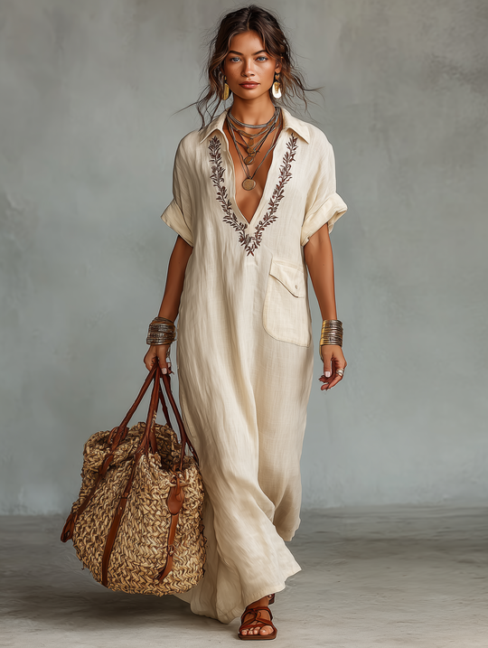 ELSA - Linen Blend Short-sleeved Shirt Maxi Dress