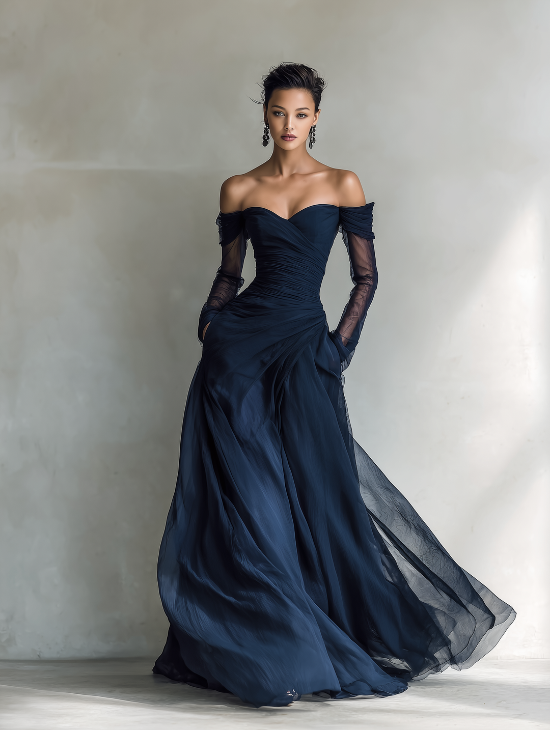 LYSSA - Elegant Dark Blue Chiffon Organza  Maxi Dress